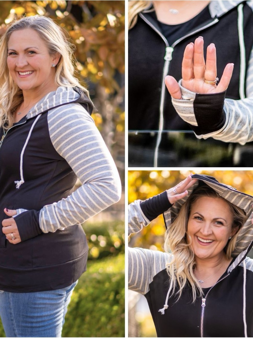 7 Degrees Varsity Black Hoodie Hooded Sweatshirt with Gray Stripes